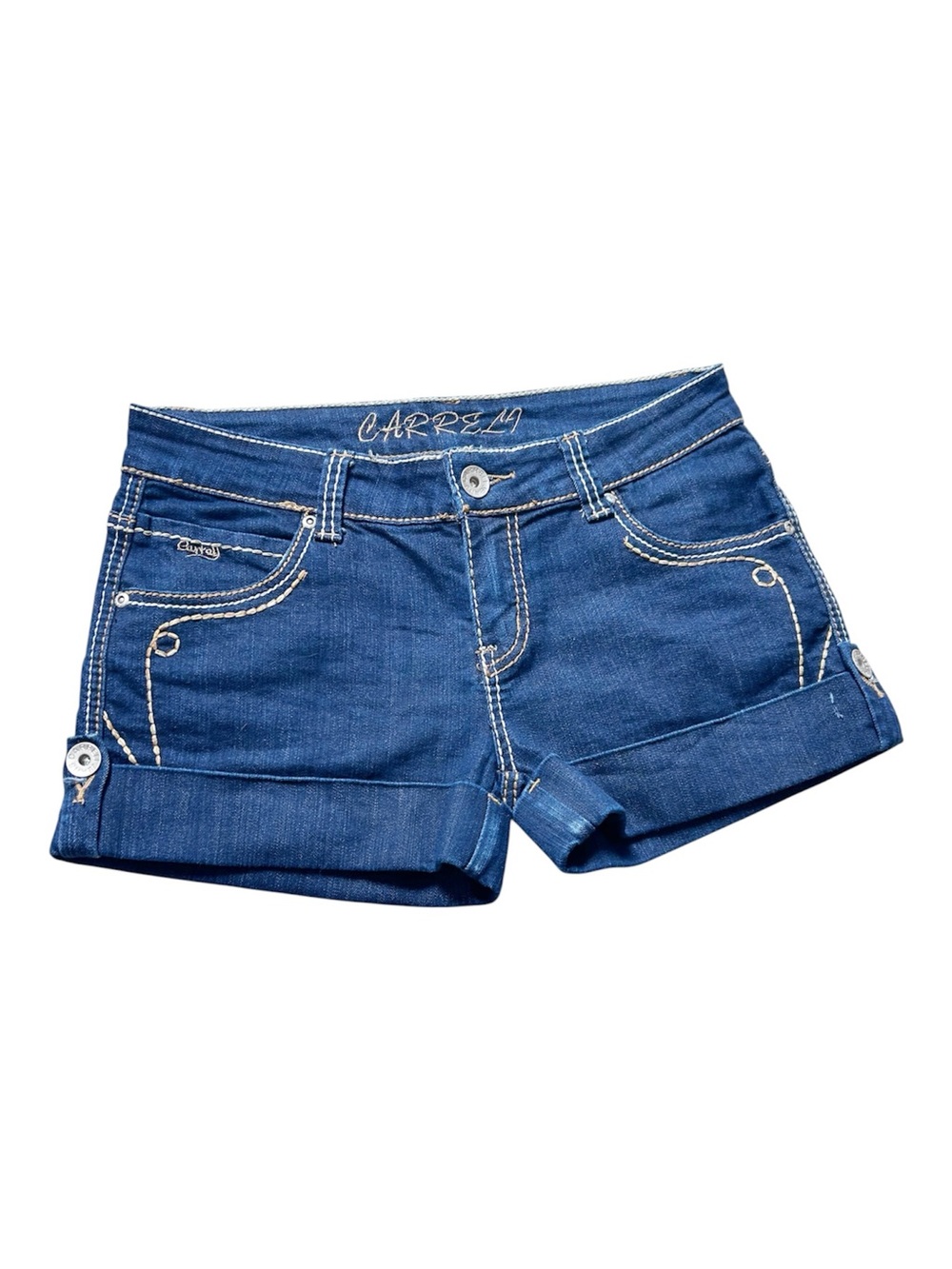 Vintage Carreli Women's Dark Blue Rolled-Cuff Denim Shorts Thick Stitch Size 30